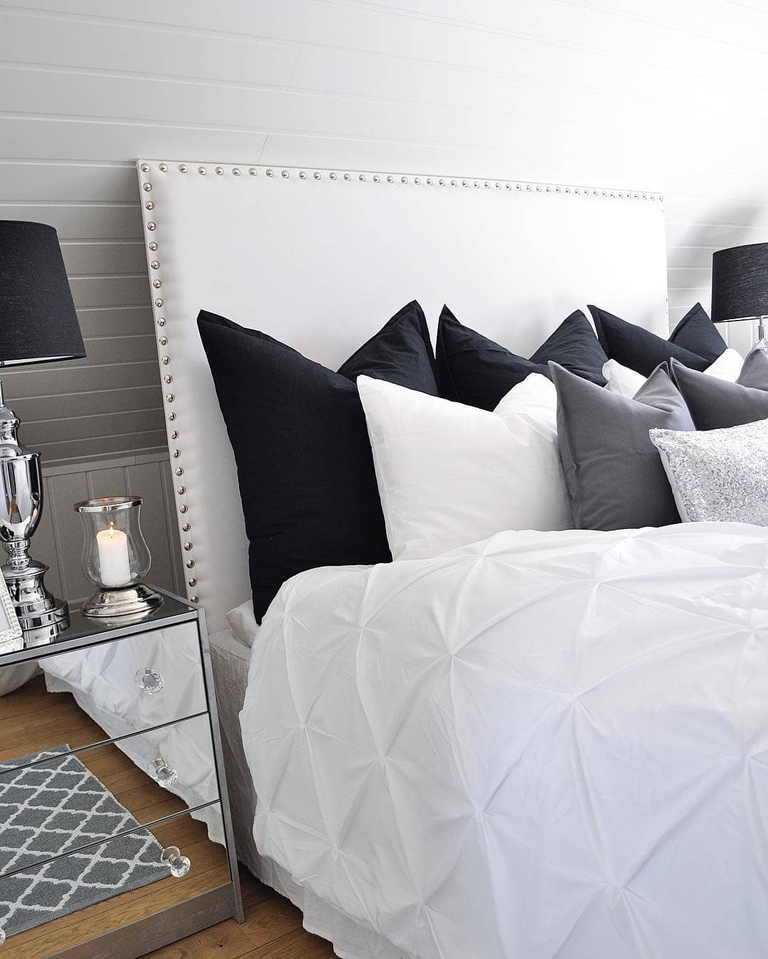 21. Crisp White Headboard With Monochrome Layers - grey, black and white bedroom ideas