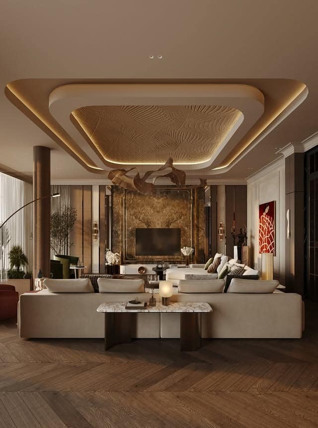 5. Luxury Living Room with Dramatic Ceiling Lighting and Gold Accents - lighting ideas for living room