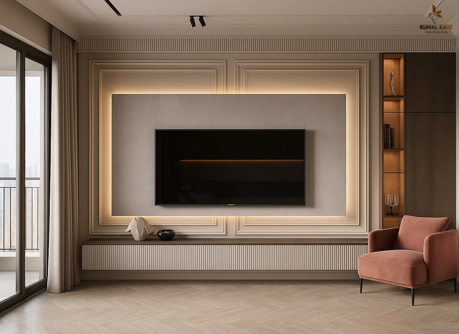 11. Backlit Panel Feature with Soft Beige Accents - lighting ideas for living room