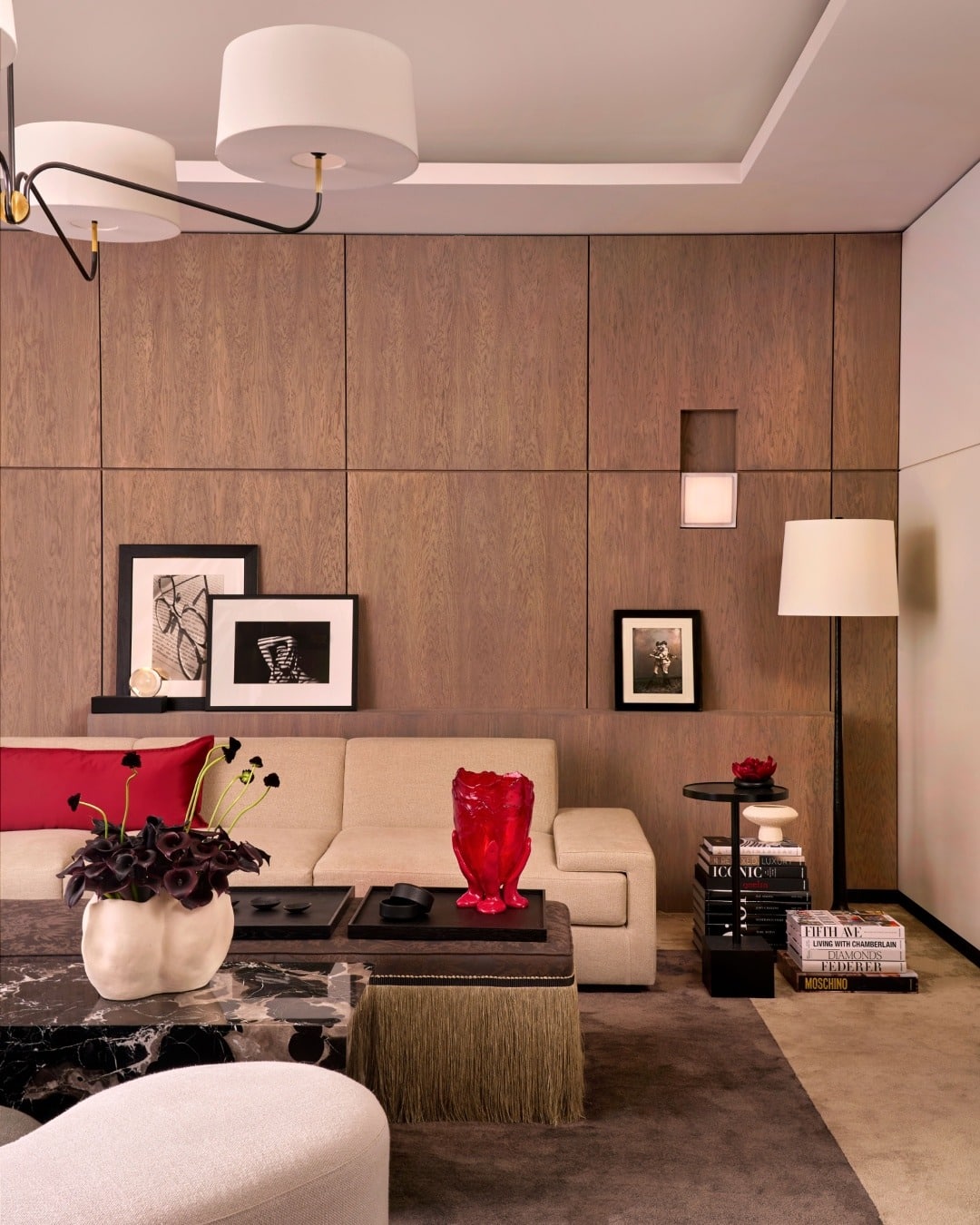 14. Soft White Shades Against Warm Timber Walls - lighting ideas for living room