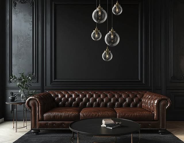 17. Warm Pendant Cluster Over Dark Walls and Leather - lighting ideas for living room