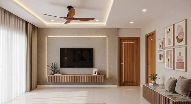 18. Perimeter LED Glow with Light Wood Accents - lighting ideas for living room