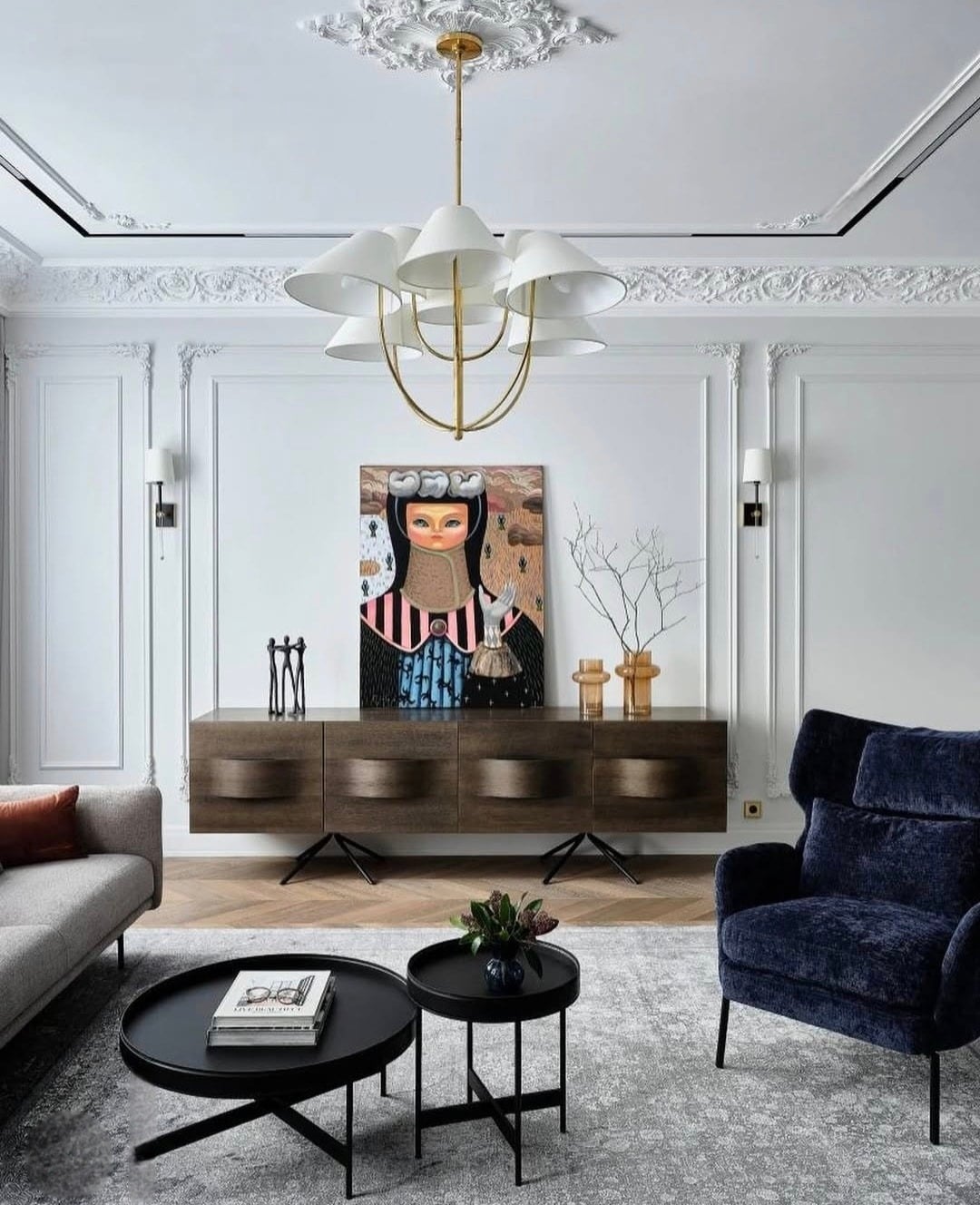 20. Classic White Living Room with Sculptural Chandelier - lighting ideas for living room