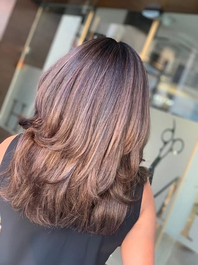 19. Ash Brown Layered Blowout with Radiant Highlights - Hair Color with Highlights