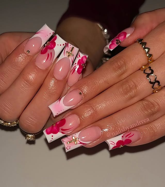 1. Pink Floral Square Art with Soft Nude Base - girly nail ideas