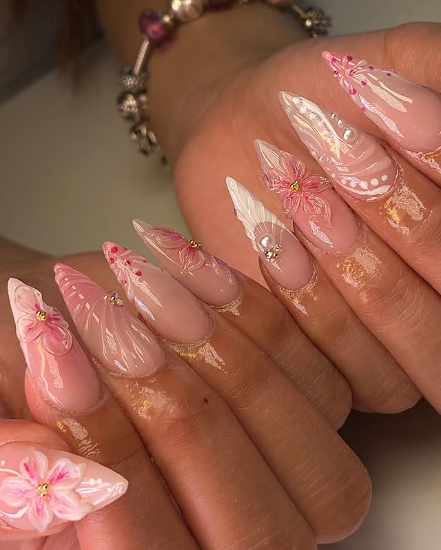2. Sculpted Blossom Stiletto Nails in Pink and White - girly nail ideas