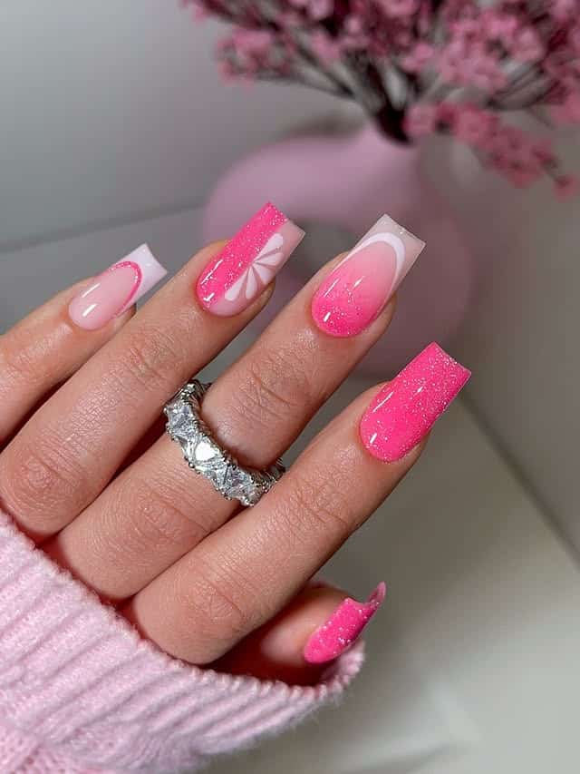 4. Sparkling Pink Ombre Squares with Abstract White Art - girly nail ideas