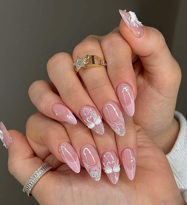 7. Romantic Pink Lace Art with White Detailing - girly nail ideas