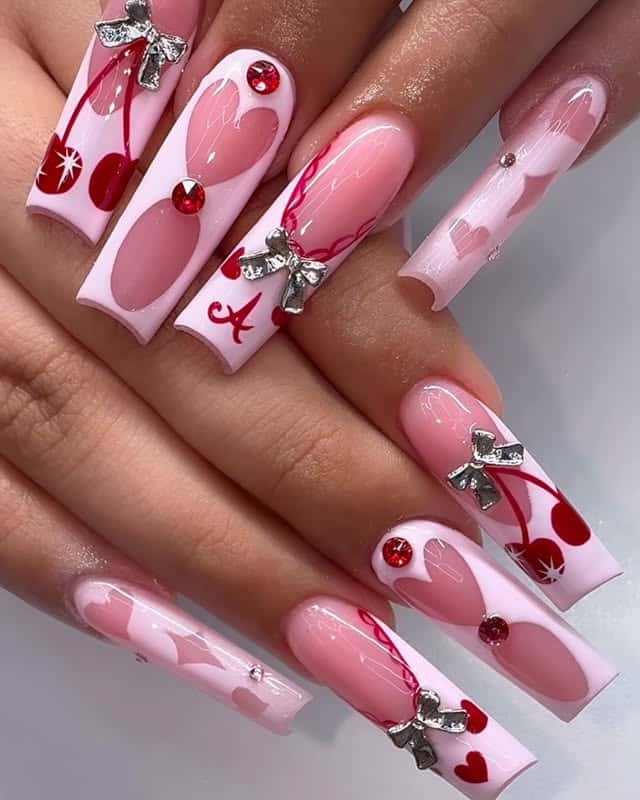 11. Cherry Bow Long Squares in Pink and Red - girly nail ideas