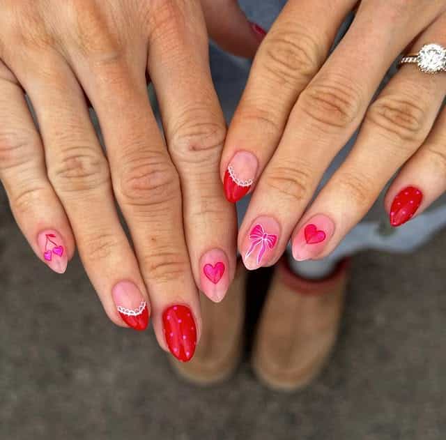 15. Red and Pink Sweetheart Almond Set - girly nail ideas