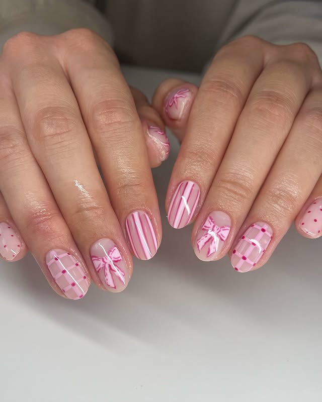 17. Candy Stripe and Bow Short Almond Nails - girly nail ideas