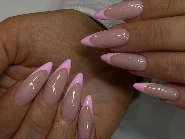 20. Glossy Baby Pink Almond French Tips - girly nail ideas