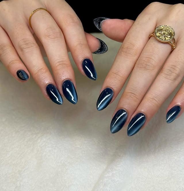14. Midnight Steel Glass Cat-Eye Nails - glass nail ideas