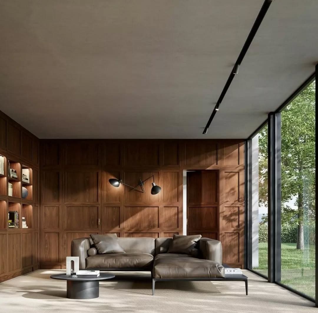 6. Sleek Walnut Library With Deep Mocha Sofa - dark brown living room ideas