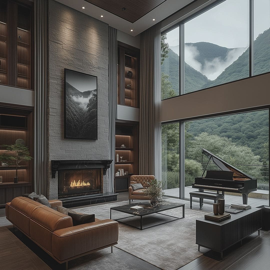 7. Grand Living Room With Chestnut Leather and Stone Fireplace - dark brown living room ideas