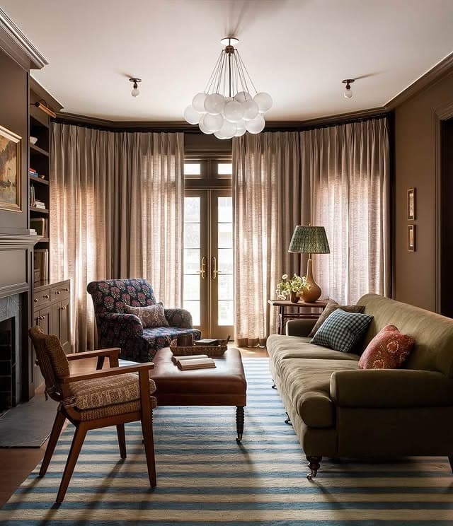 10. Textured Olive and Walnut Room With Striped Rug - dark brown living room ideas