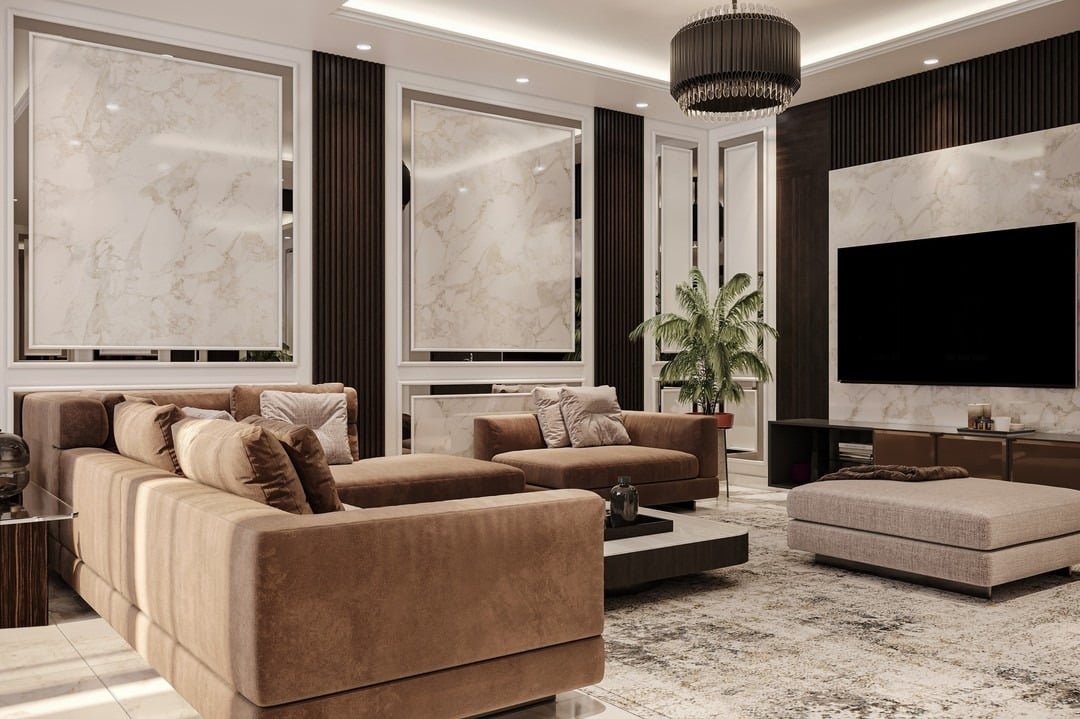 15. Camel Microfiber Sectional With Marble Accents - dark brown living room ideas