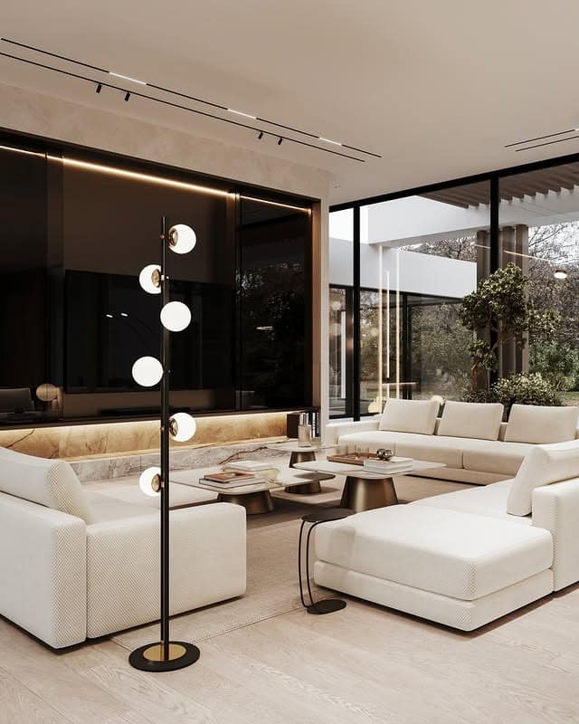 18. Modern Sand-Toned Seating With Dark Trim and Glass - dark brown living room ideas