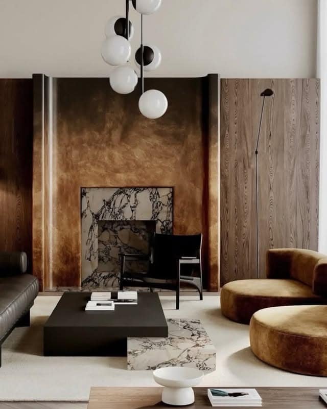 19. Bronzed Feature Wall With Walnut and Marble Details - dark brown living room ideas