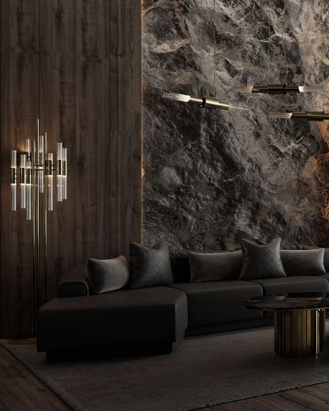 20. Dark Timber and Charcoal Upholstery With Brass Lighting - dark brown living room ideas