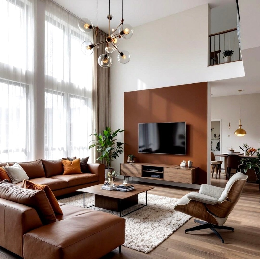 21. Cognac Leather Seating With a Warm Chestnut Accent Wall - dark brown living room ideas