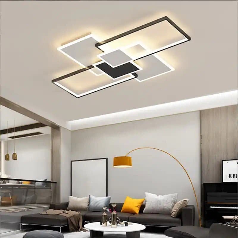 7. Layered Rectangular LED Statement Fixture - rectangle living room ideas