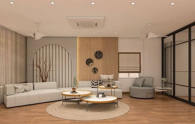 13. Contemporary Minimalist Balance in Soft Beige - rectangle living room ideas