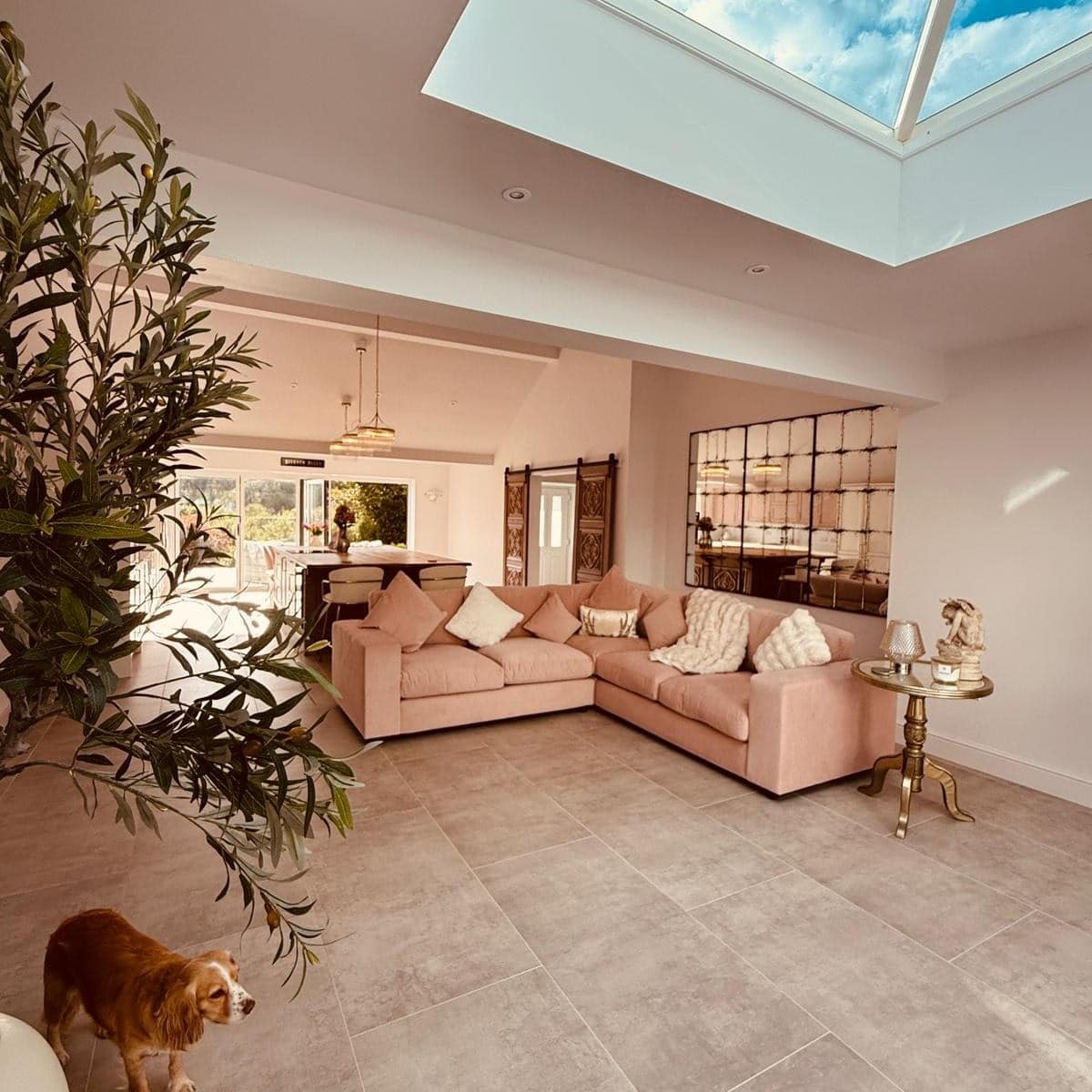 17. Soft Pink Lounge With Skylight Glow - rectangle living room ideas