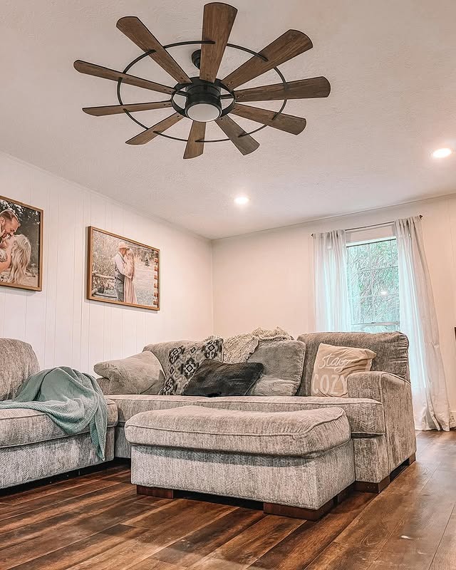 21. Soft Gray Lounge With Modern Rustic Fan Design - rectangle living room ideas