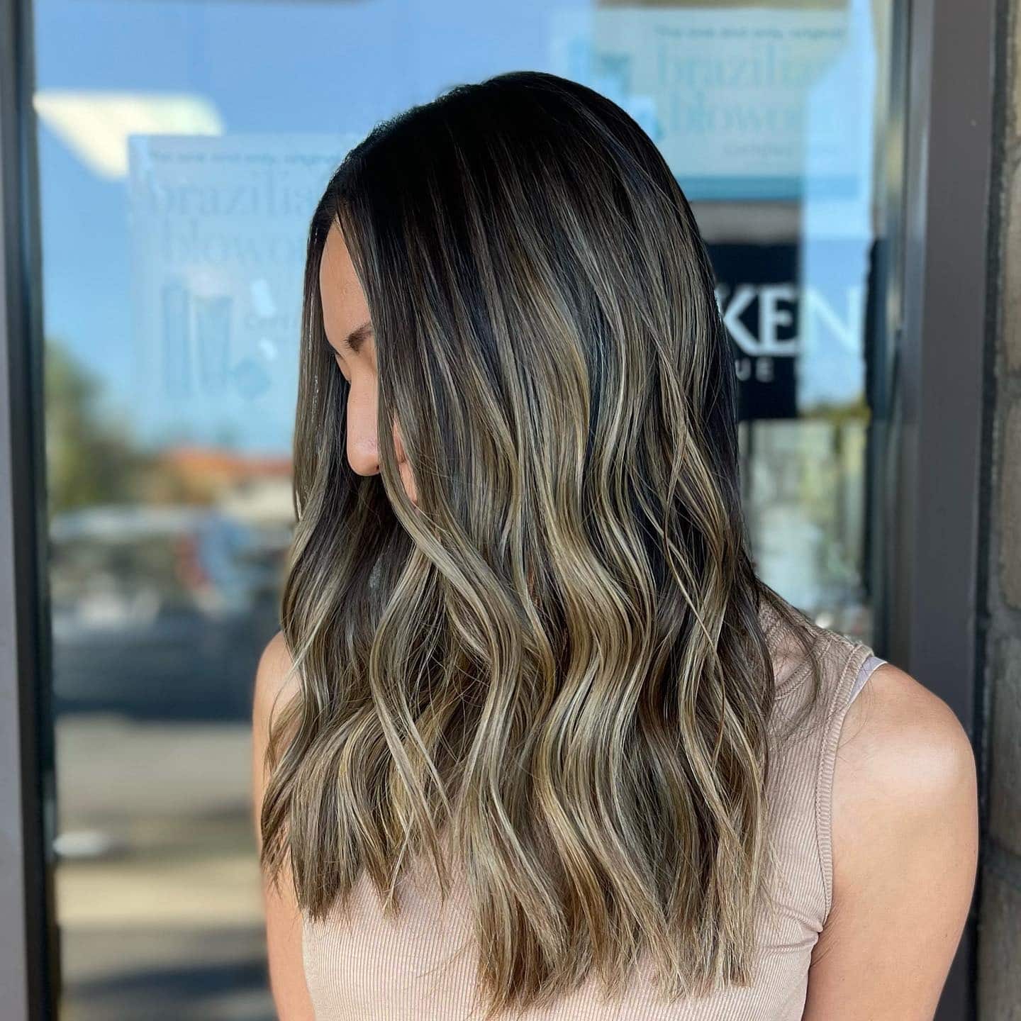 2. Ash-Brunette Balayage with Ribbon Highlights - Brunette Balayage Hair Color