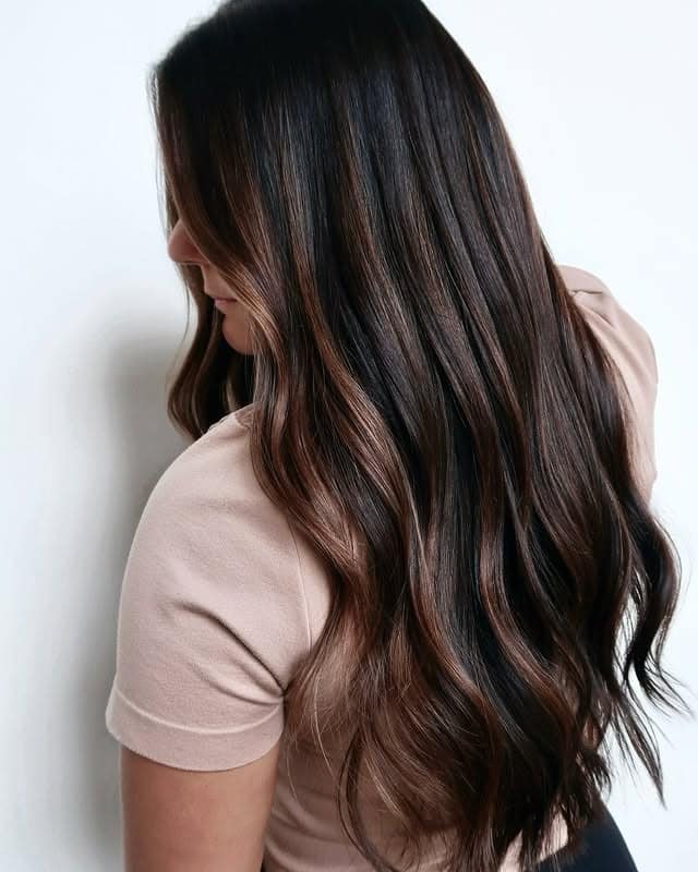 13. Chestnut Ribbon Balayage on Long Brunette Layers - Brunette Balayage Hair Color