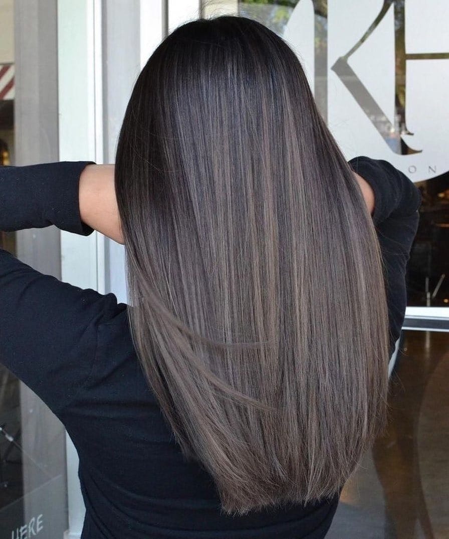 20. Straight Brunette Balayage with Sleek Ash Panels - Brunette Balayage Hair Color