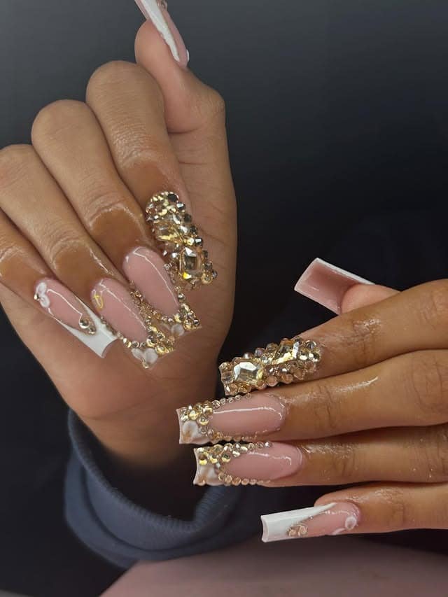 13. Crystal-Encrusted Luxe French - gold and white nail ideas