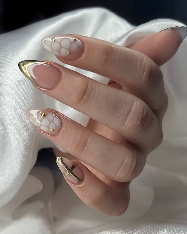 19. Marble Mesh Almond with Gold Geometry - gold and white nail ideas
