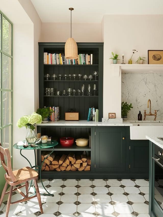 2. Deep Green Alcove Shelving with Vintage Charm - kitchen ideas with shelves
