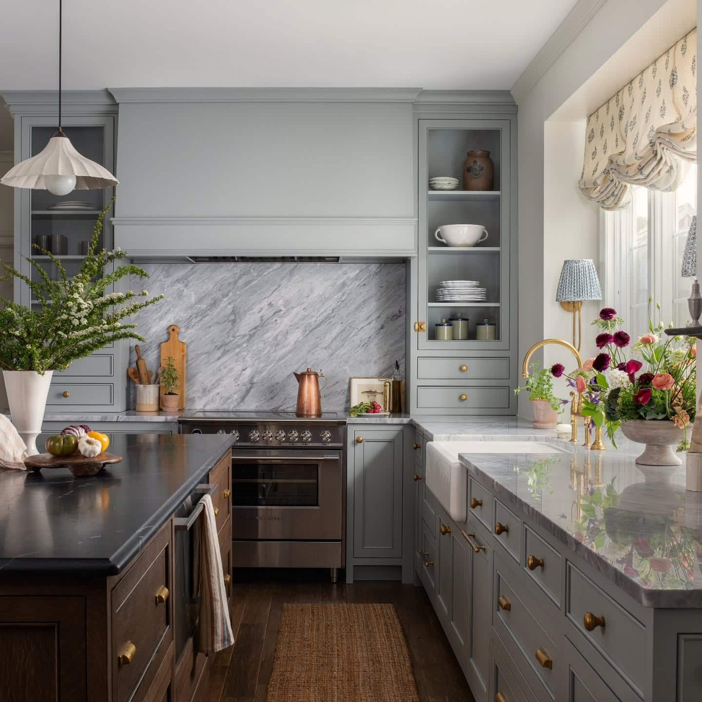 4. Soft Gray Built-Ins Framing a Marble Backsplash - kitchen ideas with shelves