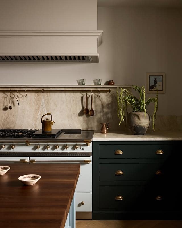 7. Dark Lower Cabinets with Stone Shelf Ledge - kitchen ideas with shelves