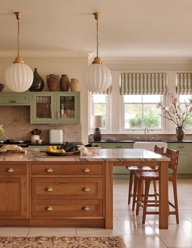 8. Sage Green and Natural Wood Shelving Harmony - kitchen ideas with shelves