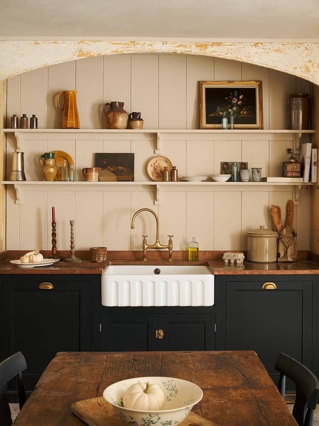 13. Soft Beige Walls with Classic Peg Shelving - kitchen ideas with shelves