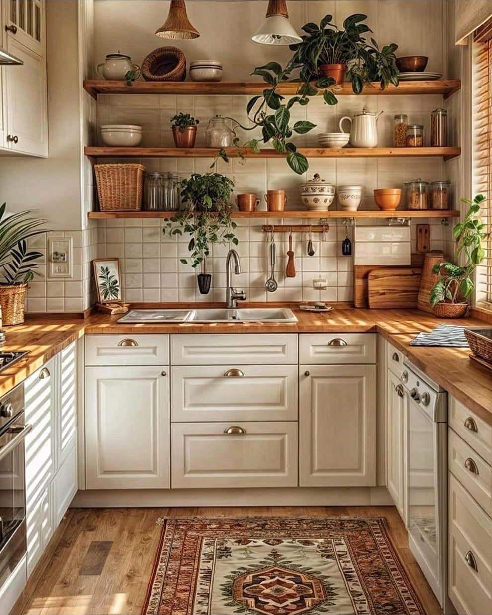 14. Warm Wood Shelving with Botanical Energy - kitchen ideas with shelves