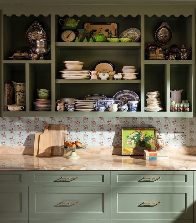 15. Sage Green Cabinetry with Patterned Backsplash Shelves - kitchen ideas with shelves