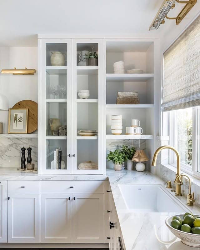 16. Crisp White Cabinets with Minimal Open Shelves - kitchen ideas with shelves