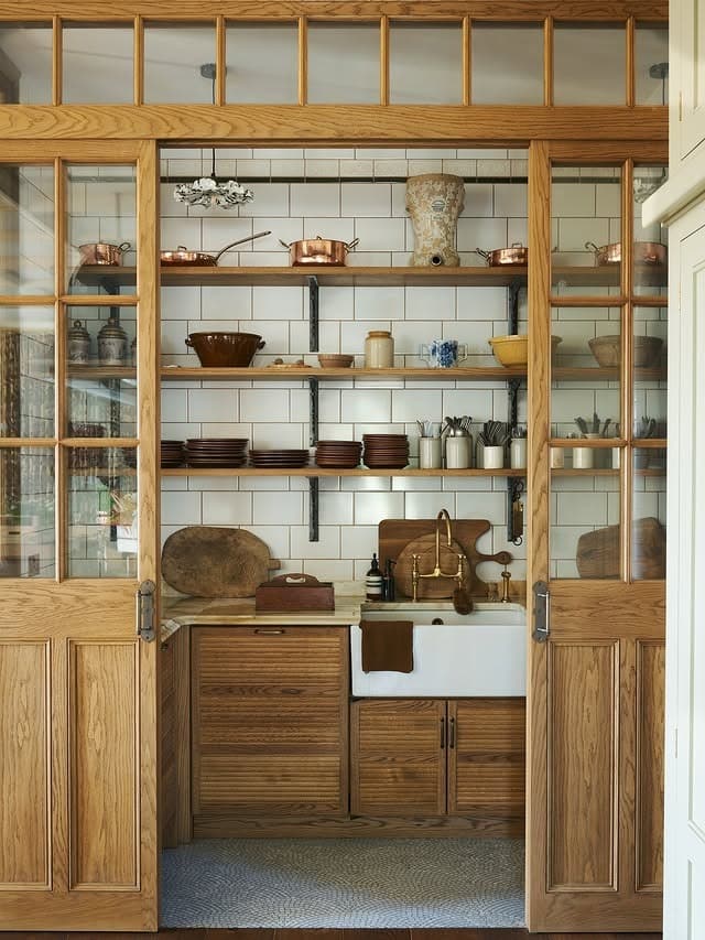 19. Glass-Front Pantry with Oak Shelving and Copper Accents - kitchen ideas with shelves