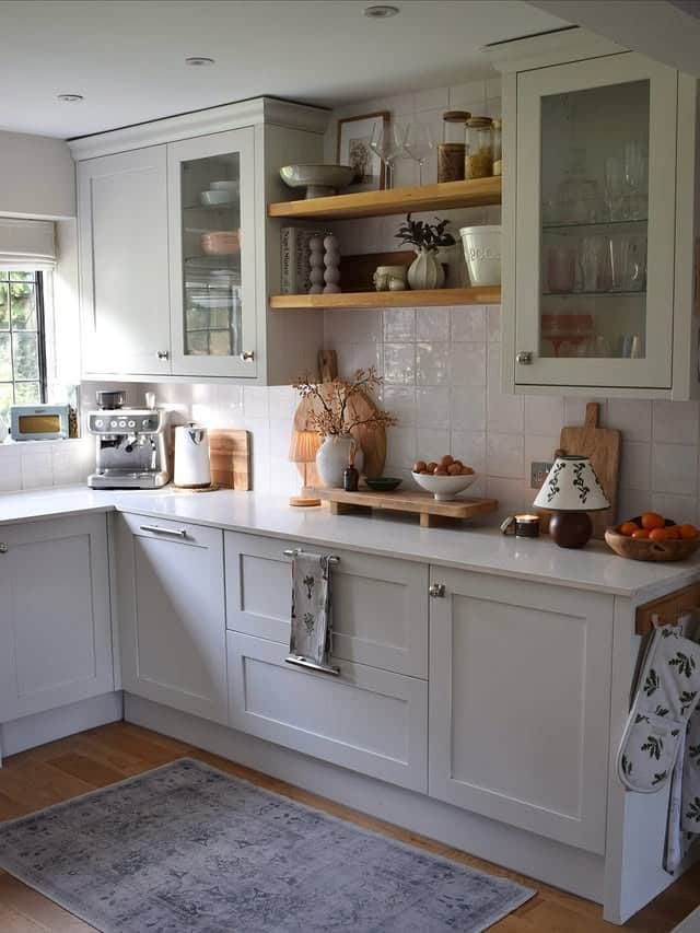 20. Soft Gray Cabinets with Light Wood Shelves - kitchen ideas with shelves