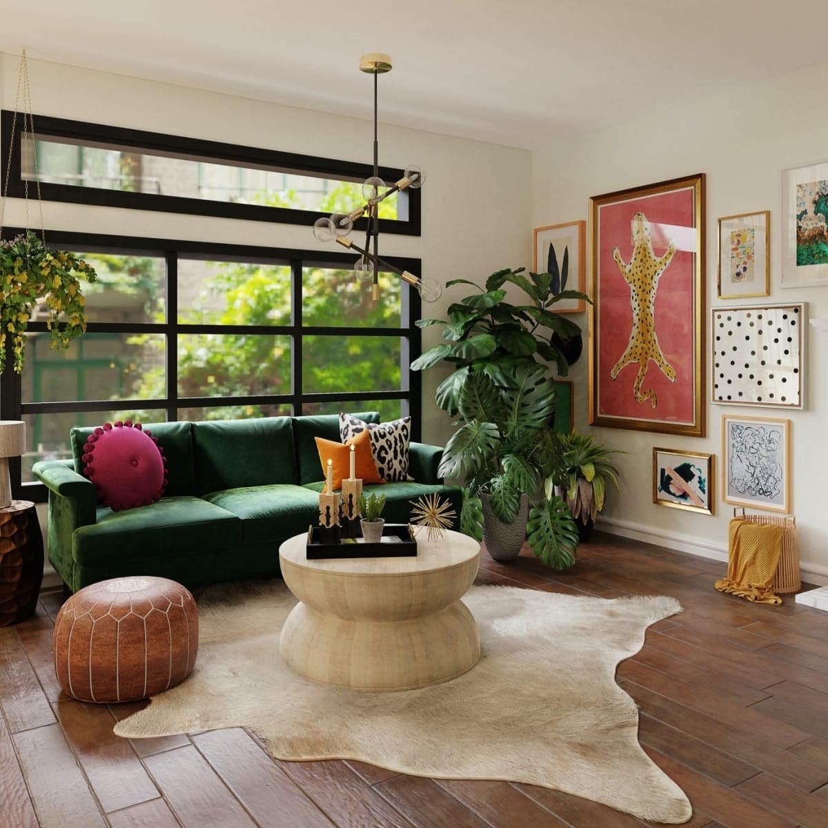 6. Vibrant Green Corner Sofa with Bold Artwork - green couch living room ideas