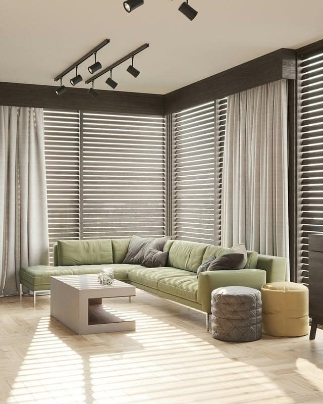 7. Olive Contemporary Sectional with Minimal Lines - green couch living room ideas