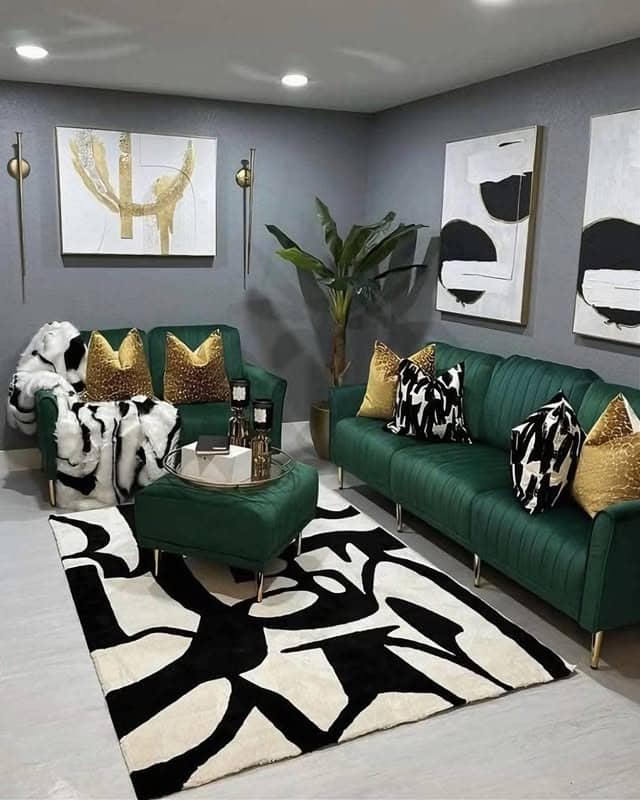 12. Emerald Glam Lounge with Graphic Contrast - green couch living room ideas