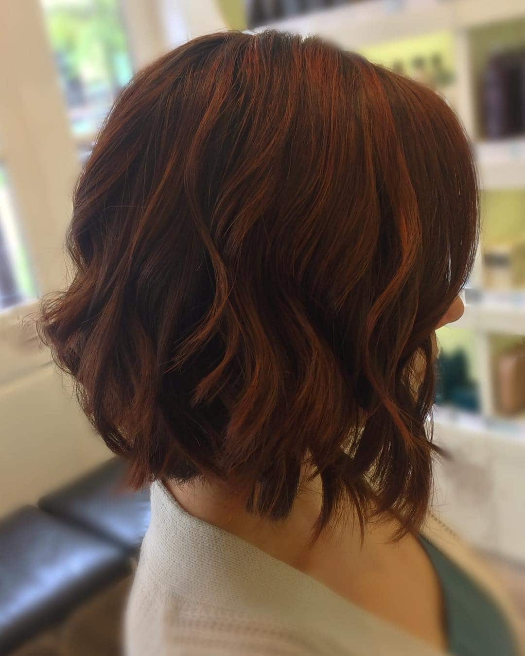 12. Soft Wavy Bob with Auburn Dimension - Dark Auburn Hair Color