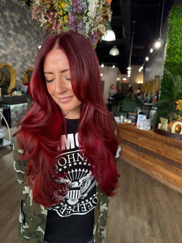 8. Red Velvet Finish with Glam Waves - Red Hair Color