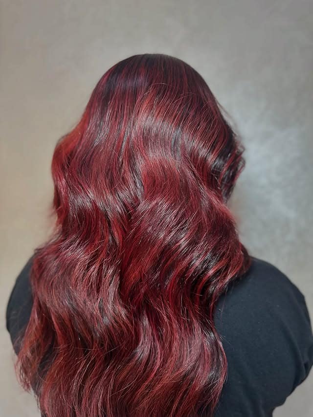 13. Dark Cherry Red with Loose Flowing Waves - Red Hair Color